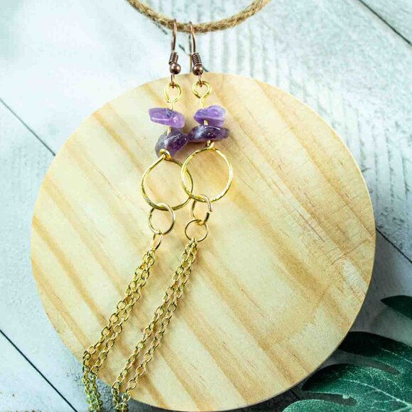 Amethyst Chip Earrings with 14k Gold Dangle Chain and Gold Hoop Drop - Picture 8 of 15